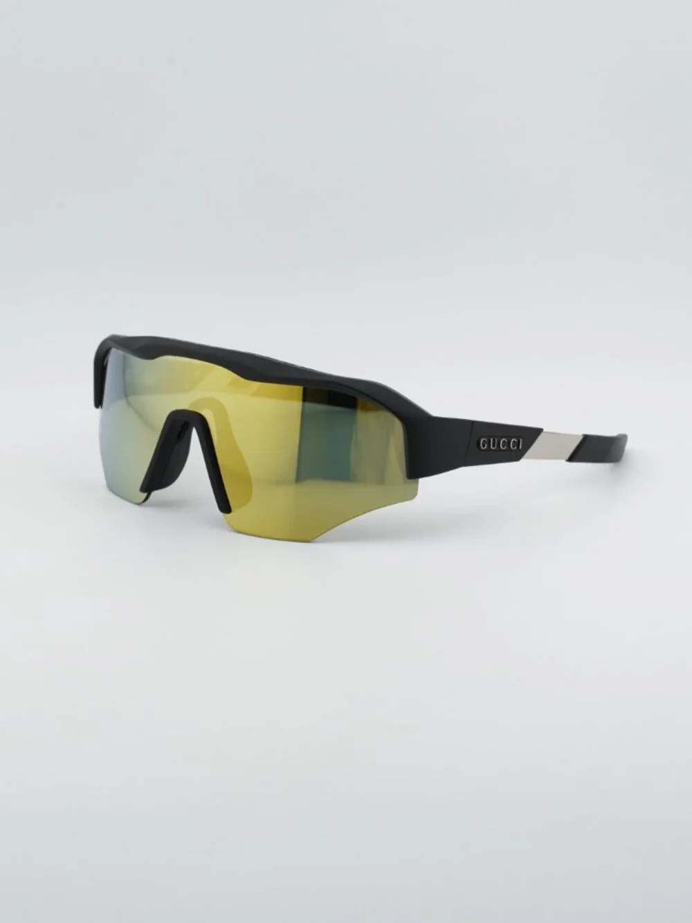 Gucci GG2017S 001 Sunglasses Black Shield Frame, Yellow Mirror Lenses